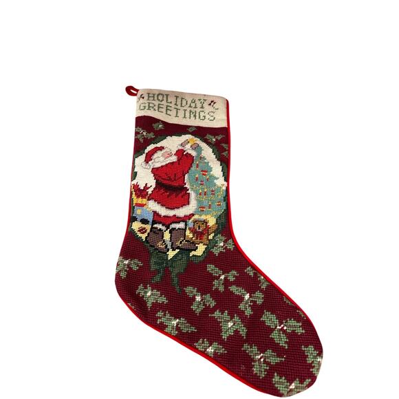 Vintage Christmas Stocking Wool Needlepoint Santa Tree Holiday Greetings - Picture 1 of 7
